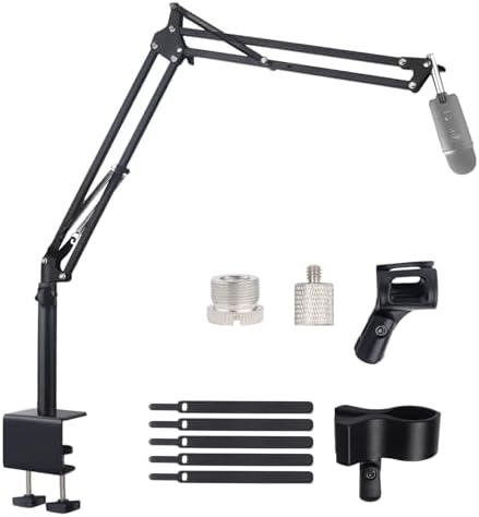 Microphone Stand Mic Boom Arm for Blue Yeti HyperX QuadCast SoloCast Yeti Nano Snowball Shure SM7B SM58 Q2U Fifine K669B and Other Mic, Overhead Mic Stand Desk Boom Arm with 5/8" 1/4" Adapter