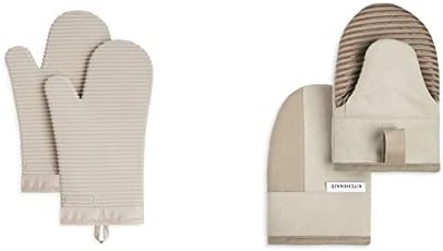 KitchenAid Ribbed Soft Silicone Oven Mitt Set, 7"x13", Milkshake 2 Count & Beacon Two-Tone Non-Slip Mini Oven Mitt Set, Milkshake/Beige, 5.5"x8", 2 Piece