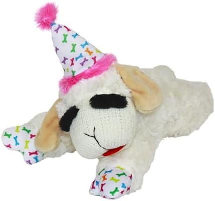 Multipet Lamb Chop Dog Plush Toy w/Birthday Hat - Squeaky Dog Toy for All Dogs - Soft Plush Dog Toy - Stuffed Animal Dog Toy for Playing - Cute Dog Birthday Toy (10.5”, Pink Hat, 5 Squeakers)