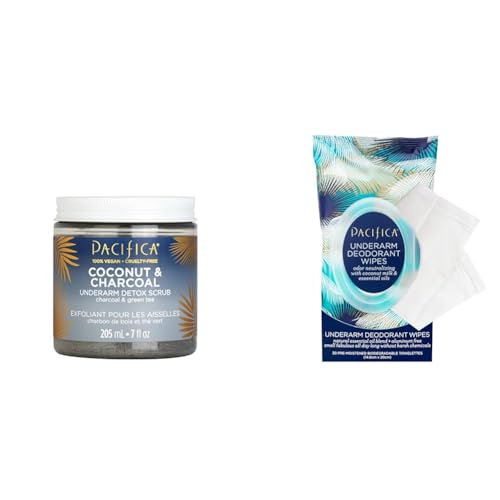 Pacifica Beauty, Coconut and Charcoal Underarm Detox Body Scrub & Beauty, Coconut Milk & Essential Oils Underarm Deodorant Wipes, 30 Count, Remove Odor On-The-Go, Aluminum Free