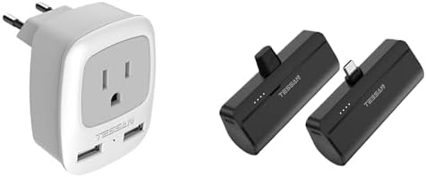 TESSAN European Travel Plug Adapter, International Power Plug with 2 USB Ports, Type C Outlet Adaptor Charger, Mini Portable Charger, 5000mAh Small Power Bank, for iPhone 15/15 Plus/15 Pro/15 Pro Max