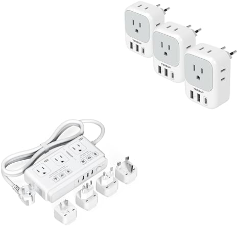 TESSAN 3 Pack European Travel Plug Adapter USB C, US to Europe Power Adapter with 4 AC Outlets and 3 USB (1 USB C), 220V to 110V Voltage Converter, Step Down Transformer, for Europe UK EU AUS Italy