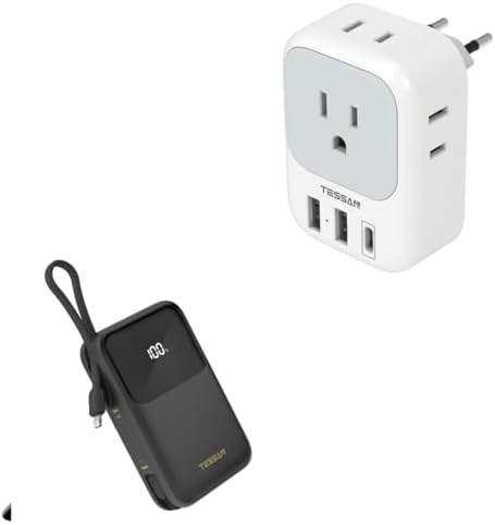 European Travel Plug Adapter USB C, TESSAN International Plug Adapter with 4 AC Outlets and 3 USB Ports, Type C Power Adaptor Charger for US to Most of Europe Iceland Spain with Portable Battery Pack