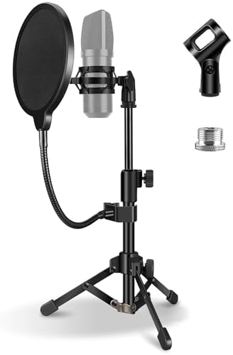 Mic Stand Desk, Table Mic Tripod Desktop Mic Stand Height Adjustable Small Microphone Stand for Desk with Pop Filter Shock Mount Mic Clip 1/4" to 5/8" Adapter for Blue Yeti Snowball