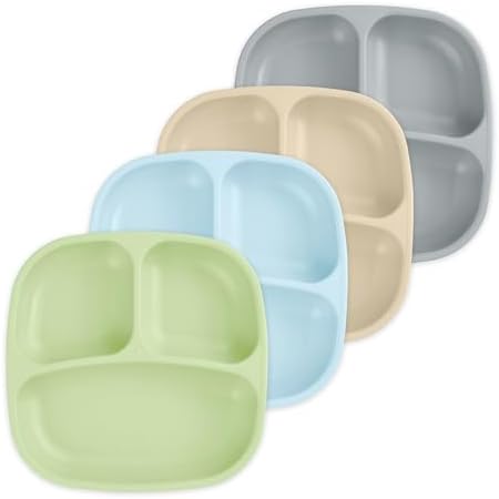Re-Play - 4 Pack 7.37" Divided Plates with Deep Sides for Baby, Toddler & Child Feeding - BPA Free - Made in USA from Recycled Milk Jugs - Meadow
