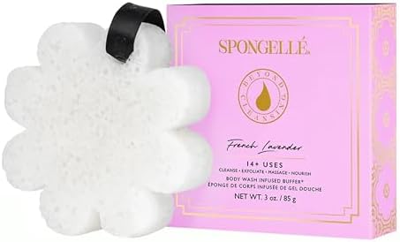 Spongelle French Lavender Wild Flower Buffer Body Scrubber with Box | Bath & Shower Loofah for Women | Exfoliator with Body Wash Infused | 14+ uses