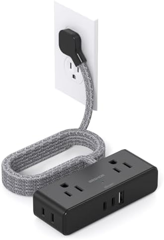 Extension Cord 10 ft, Flat Plug Power Strip, 4 Widely Outlets with 3 USB Ports (2 USB C), Extension Cord with Multiple Outlets for Home, Office, Dorm Room Essentials, Black