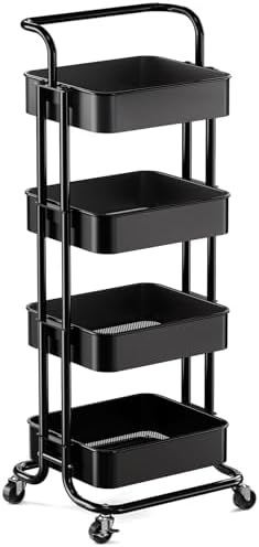 Pipishell 4 Tier Mesh Utility Cart, Rolling Metal Organization Cart with Handle and Lockable Wheels, Multifunctional Storage Shelves for Kitchen Living Room Office Black, PIUC12B