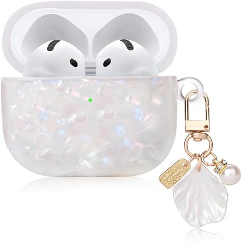 Cute Case for AirPod 4 with Shell Pearl Keychain, Bling Marble Design Hard TPU Cover [Active Noise Cancellation] for AirPods 4th Generation 2024 Released