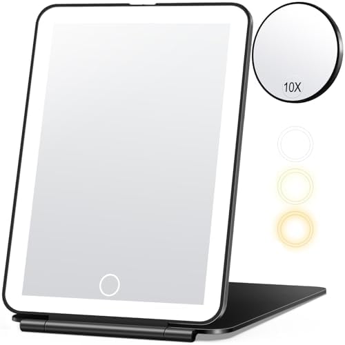 Rechargeable Travel Makeup Mirror, Vanity Mirror with 80LEDs, 3 Color Lighting, 2000mAh Battery, Portable Ultra Slim Lighted Makeup Mirror, Gift for Women (Black)