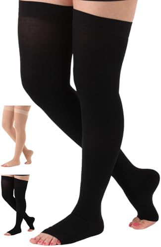 ABSOLUTE SUPPORT Compression Thigh High Stockings 20-30mmHg for Swelling, Silicone Border & Open Toe Socks for Women & Men, A213SW