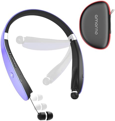 AMORNO Foldable Bluetooth Headphones Wireless Neckband Headset with Retractable Earbuds, Sports Sweatproof Noise Cancelling Stereo Earphones with Mic