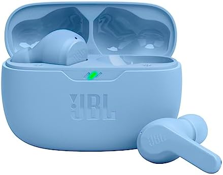 JBL Vibe Beam - True Wireless JBL Deep Bass Sound Earbuds, Bluetooth 5.2, Water & Dust Resistant, Hands-free call with VoiceAware, Up to 32 hours of battery life (Blue) (Renewed)