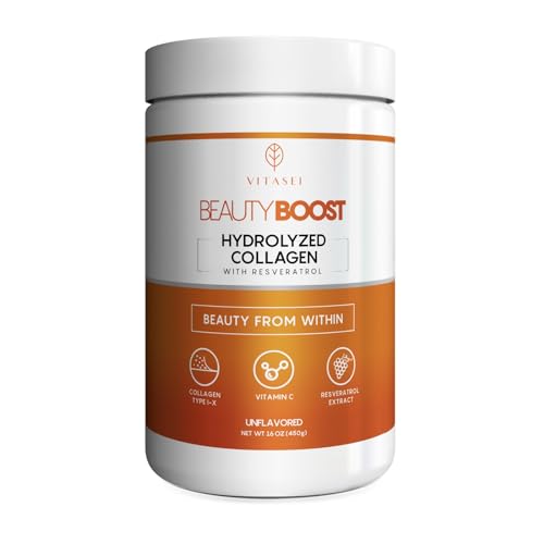 VITASEI Hydrolyzed Collagen Peptides Powder with Vitamin C & Resveratrol - Hair, Skin and Nails Vitamins for Women & Men - Bone and Joint Supplement - Unflavored - 16 oz