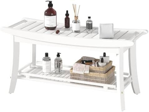 Bamboo Shower Bench Chair Bathroom Shower Stool Seat for Inside Shower Bathtub with Storage Shelf Shower Foot Rest for Shaving Legs 39 x 13 x 19.2 Inches White