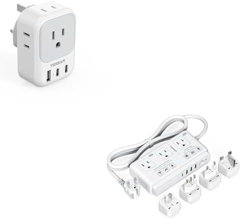 US to UK Plug Adapter, TESSAN Type G Travel Adaptor with 4 Electrical Outlets 3 USB Ports (2 USB C), 220V to 110V Voltage Converter, for UK EU AUS Italy Spain England, for Hair Dryer Curling Iron