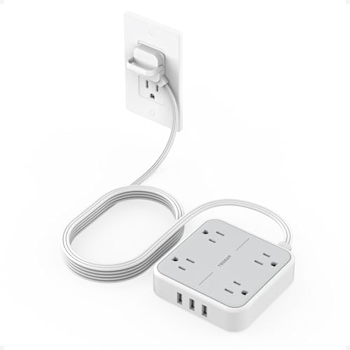 Surge Protector Power Strip, TESSAN 10 FT Extension Cord with 3 USB A Wall Charger, Ultra Thin Flat Plug with 4 Outlets, Slim Desktop Charging Station for Office, School, Home, Dorm Room Essentials