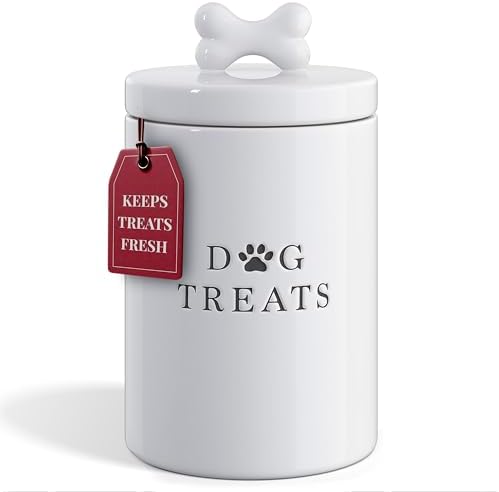 Barnyard Designs Large Dog Treat Container Airtight with Lid, Cute Rustic Ceramic Dog Treat Storage Jar for Kitchen Counter (White)