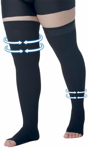 MGANG Medical Thigh High Compression Stockings for Men & Women, Pair, Open Toe, 15-20 mmHg Graduated Compression Support Hose, Opaque, Best for Varicose Veins, Edema, Flight, DVT, Swelling, Black 4XL