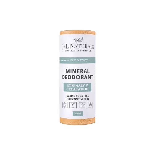 J&L Naturals Mineral Deodorant | Baking Soda-Free, 100% Natural, Sustainable | Sensitive Deodorant For Women & Men | Aluminum Free, Vegan, Cruelty-Free (Rosemary & Cedarwood, 3 Oz (Pack of 1))