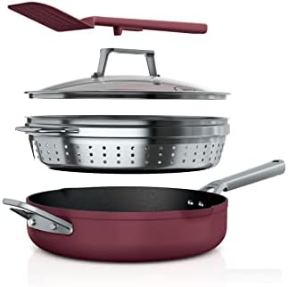 Ninja, Cookware, Steamer, Strainer Basket, Glass Lid and Spatula, Foodi NeverStick PossiblePan, Premium Set with 4-Quart Capacity Pan, Nonstick, Durable, Oven Safe Cookware, Cherry Tart, CW102RD