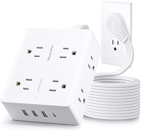 Surge Protector Power Strip, Olcorife Ultra Thin Flat Plug Extension Cord 5ft, 8 Outlets 4 USB Ports(1 USB C), Flat Wall Plug Outlet Extender, College Dorm Room Essentials, White
