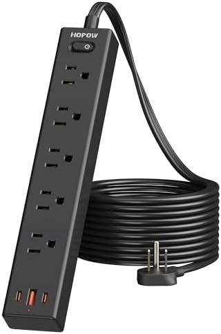 Power Strip Surge Protector, 10 Ft Ultra Flat Extension Cord, Surge Protector with 5 Outlets & 3 USB Ports (2 USB C), 1700 Joules, Wall Mount, Desktop Charging Station for Home Office, Black