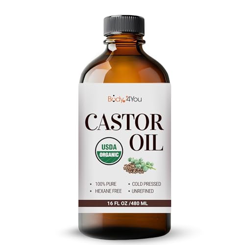 BodyJ4You Castor Oil Organic Cold Pressed Unrefined Glass Bottle USDA Certified 100% Pure Organic Castor Oil Hexane Free Rich Hydration for Hair & Skin Use with Castor Oil Pack Wrap