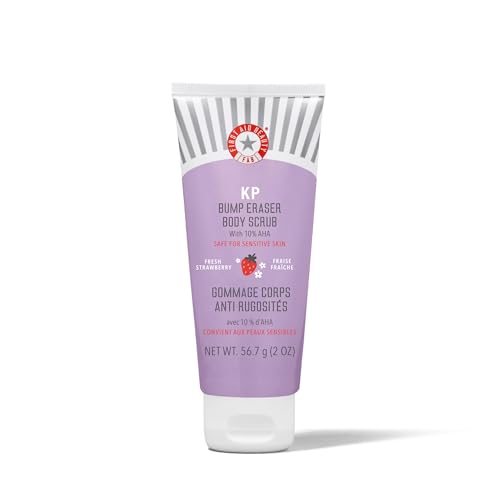 First Aid Beauty - KP Bump Eraser Body Scrub with 10% AHA, Keratosis Pilaris Exfoliater with Glycolic and Lactic acids, Helps Reduce Chicken Skin Bumps, Safe for Sensitive Skin, Strawberry Scent, 2 oz