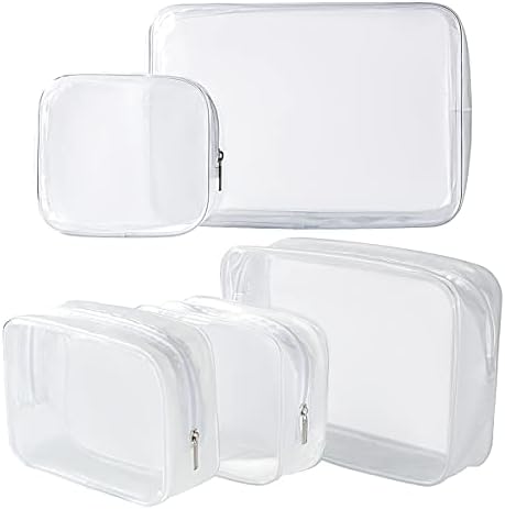 5 Pack Clear Plastic Zippered Toiletry Carry Pouch TSA Approved Toiletry Bag Portable Cosmetic Makeup Bag for Vacation, Bathroom and Organizing (White, Mixed Size)