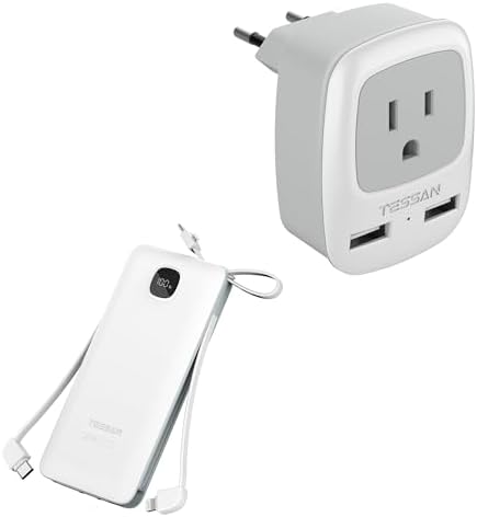 TESSAN European Travel Plug Adapter, Europe Power Plug with 2 USB Ports with Portable Phone Charger with Built in Cables, 10000mAh Power Bank Fast Charging with Foldable AC Plug