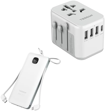 TESSAN Universal Travel Adapter, International Power Adapter with 4 USB Ports (1 USB C) with Portable Phone Charger with Built in Cables, 10000mAh Power Bank