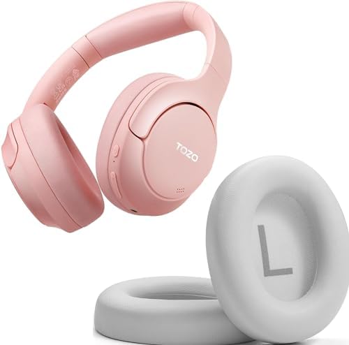 TOZO HT2 Hybrid Active Noise Cancelling Headphones, Wireless Over Ear Bluetooth Headphones Pink +HT2 Replacement Ear Pads White