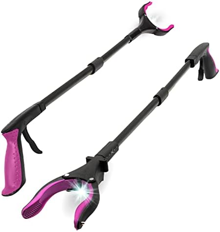Grabber Reacher Tool-Long 32 Inch Aluminum Foldable Pick Up Stick-Strong Grip Shelves LED Light Magnetic Tip, Lightweight Trash Picker Claw Reacher Grabber Tool for Elderly (32" 2-Pack, Pink)