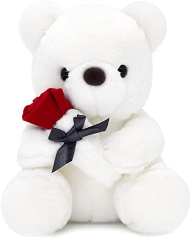 HWD 9.8'' Teddy Bear with Rose, Soft Plush Doll Stuffed Animals Toys, Gifts for Her/Girlfriend Lover Mom Kids Toddlers (White)