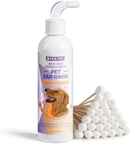 HICC PET Dog Ear Cleaner - Dog Ear Inflammation Therapy with 0.012% Hypochlorous Acid for Itch Relief, Soothe Ear Inflammation, Removes Wax, Odor, with 30 Cotton Swabs, 4 Fl oz