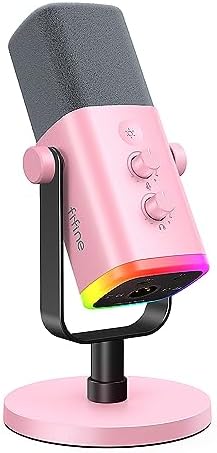 FIFINE XLR/USB Microphone, Gaming Recording PC Mic with Headphones Jack, Mute Button, Dynamic RGB Mic for Computer, Streaming Mic for Podcasting Voice-Over YouTube Video-AmpliGame AM8 Pink
