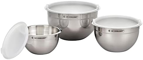Le Creuset Set of 3 Nested Mixing Bowls w/Nonslip Silicone Base & Plastic Air Tight Lids, Large, Stainless Steel