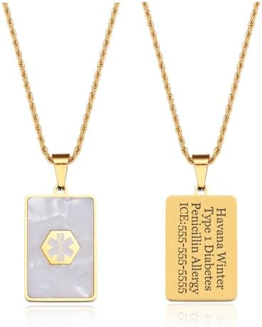 Medical Alert Necklace for Women Shell & Gold-Tone Stainless Steel Emergency ID Tag Pendant Necklace for Girls Custom Engraved Medical Alert Jewelry