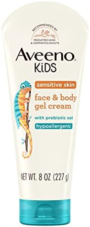 Aveeno Kids Sensitive Skin Face & Body Gel Cream with Prebiotic Oat, Clinically Proven 24 Hour Hydration for Soft Skin, Quick Drying and Lightweight, Hypoallergenic, 8 oz.