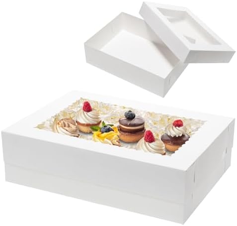 Mcfleet 10pcs 14x10x4 Cake Boxes with Window Rectangle Quarter Sheet Bakery Boxes for Pastry Baking Cake, Cupcakes, Donuts, Cookies, Pie Treat Packaging White Large