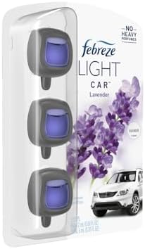 Febreze LIGHT Odor-Fighting Car Freshener Vent Clip Lavender, 06 oz, Pk of 3 and Storage Case, Beige