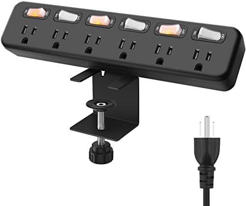 Desk Clamp Power Strip Individual Switches, JUNNUJ 6 Outlet 800J Surge Protector Clamp Desktop Removable Table Desk Mount Socket, Tabletop Edge Station 6FT Power Cord
