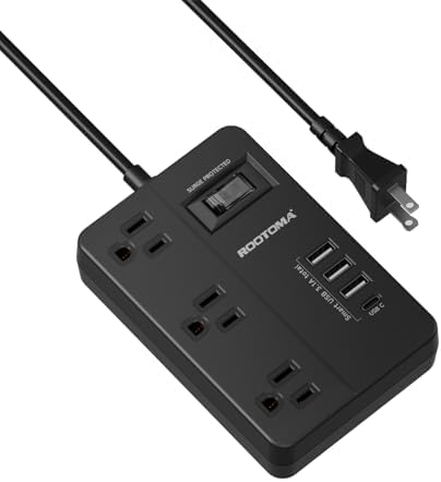 ROOTOMA 2 Prong to 3 Prong Surge Protected Outlet Adapter, 1080J with 3 Outlets & 4 USB, 4ft Black Polarized Adapter for Old House