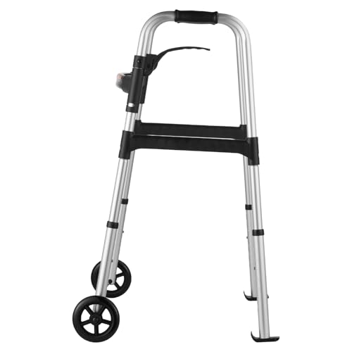 VEVOR Folding Walker, 2-Button Folding Walkers with 5" Solid Wheels and Adjustable Height, Lightweight Aluminum Mobility Walker, Front Wheeled Rolling Walkers for Seniors and Adults, Up to 350 Pounds