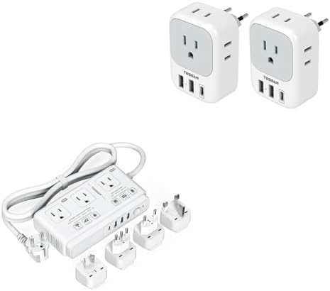 2 Pack European Travel Plug Adapter USB C, TESSAN 220V to 110V Voltage Converter, 2000W Universal Travel Adapter with 4 USB Ports (1 USB C), 3 AC and EU/UK/AU/IT Plug Power Adaptor, for Hair Dryer