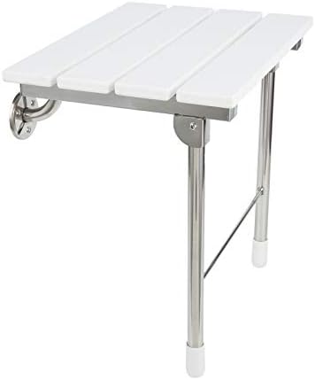Folding Shower Seat Wall Mounted Bathroom Bathtub Safety Stool Chair, Solid Wood, with Support Legs, Load of 350 lbs, 14.88"(L)*12"(W)*17.12"(H) (WPC)