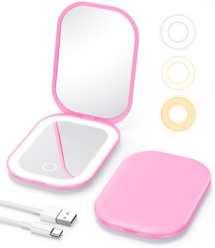 Gospire Lighted Compact Mirror with Light and Magnification 1X/3X, Stepless Dimming and Three-Color Adjustable Lights, Rechargeable Battery and Compact Size for Purse and Travel - Deep Pink