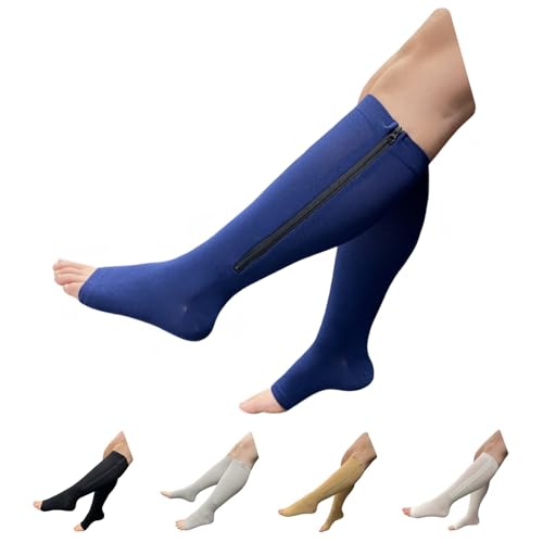 Seniors Care 15-20 mmHg Zipper Compression Leg Calf Open Toe Socks (Navy, 2X-Large)