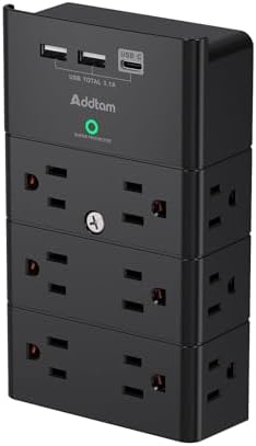 Multi Plug Outlet - Addtam Surge Protector Wall Mount with 12 Outlet Extender- 3 Sides and 3 USB Ports (1 USB-C), Outlet Splitter Power Strip for Home, Office, Hotel, Black